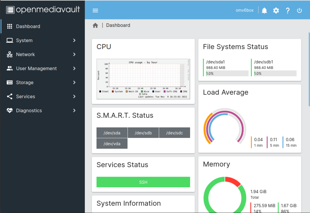 Open Media Vault Dashboard