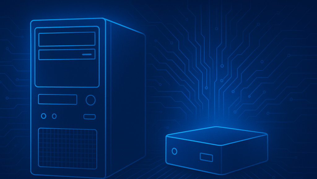 An old Intel 8th gen PC next to a new N100 mini-PC