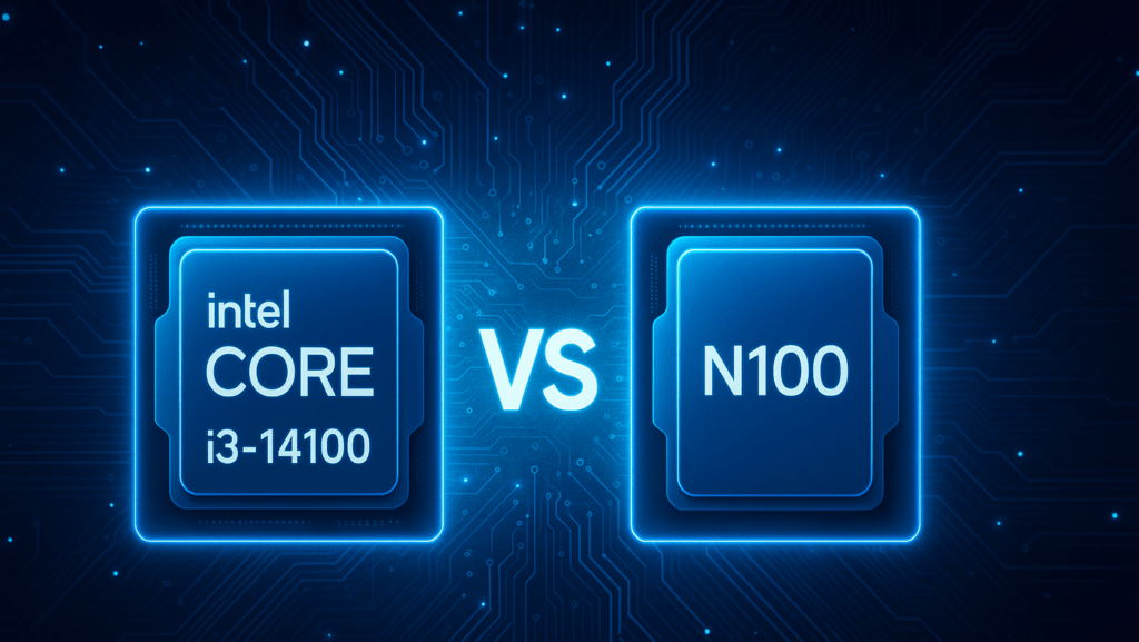 Intel i3-14100 CPU next to a Intel N100 CPU