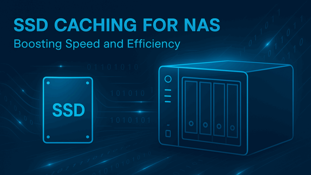 A 4-bay NAS and a SSD with blue tech-style background