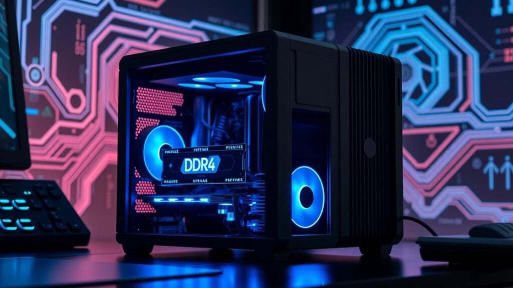 A NAS case with blue lights and DDR4 RAM memoery installed