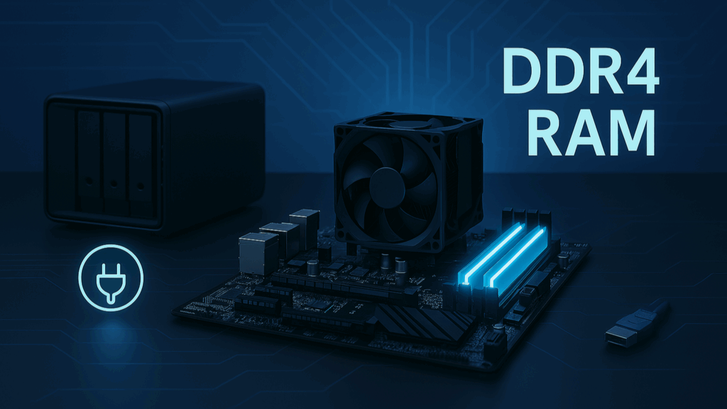 NAS Mainboard with glowing DDR4 RAM and a NAS case in the background
