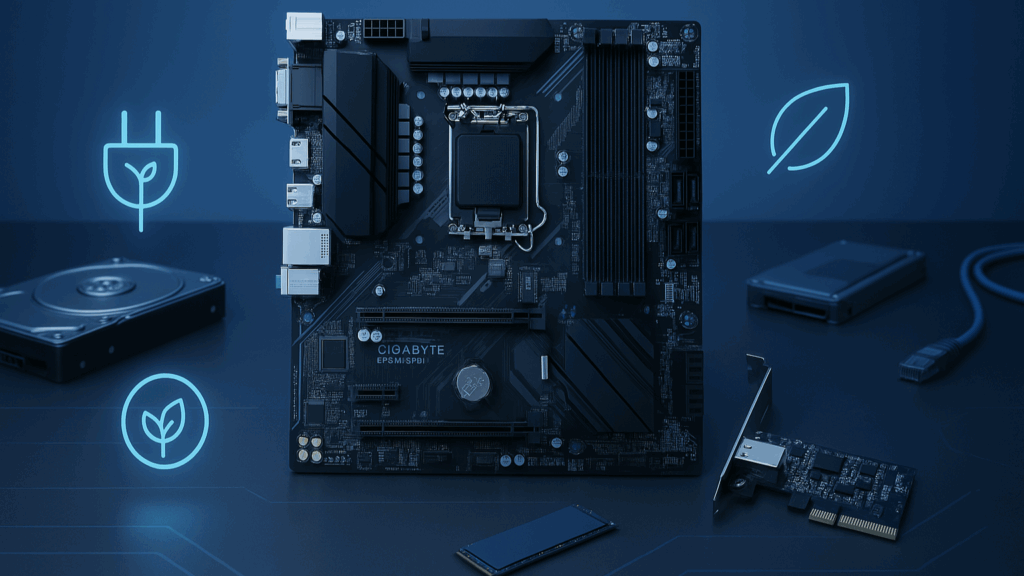 Gigabyte B760M DS3H surrounded by a HDD and a PCIe card