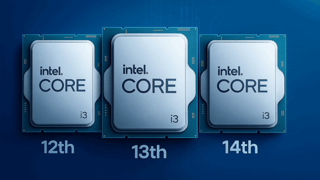 Comparing Intel i3 12th, 13th and 14th generation. All three CPU next to each other